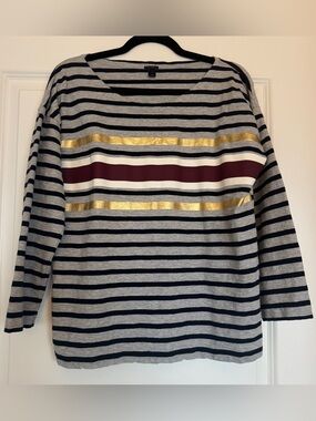 J. CREW Women’s 100% Cotton Striped Shirt Heather Gray Navy Gold Metallic Large